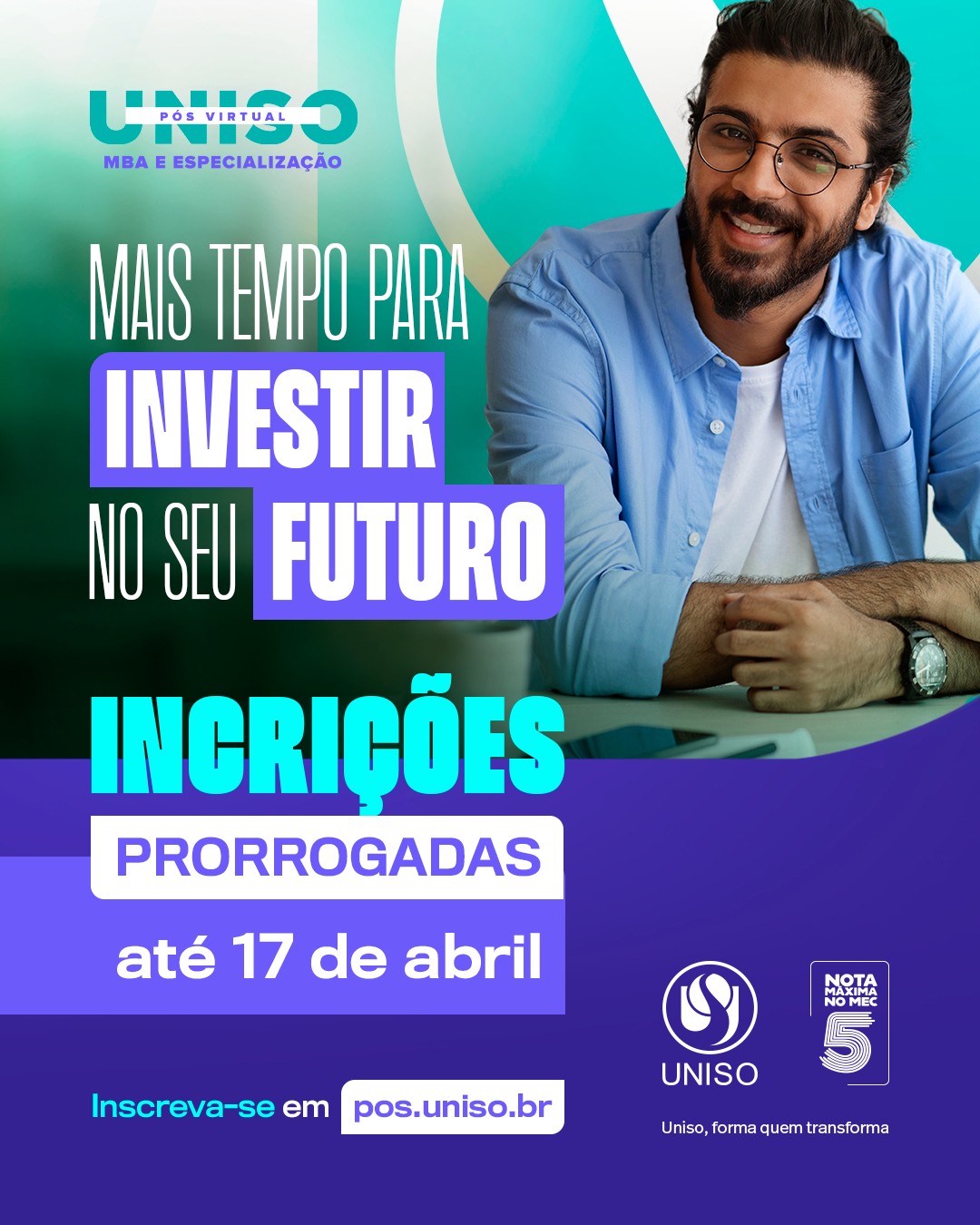Muitas vezes, o próximo passo da carreira não acontece por falta de capacidade.

Acontece por falta de tempo.

Tempo para pesquisar.
Tempo para escolher o curso certo.
Tempo para decidir.

Pensando nisso, a UNISO prorrogou as inscrições para a Pós-Graduação Virtual até 17 de abril.
São cursos de MBA e Especialização desenvolvidos para quem quer crescer profissionalmente sem abrir mão da flexibilidade.

Você estuda de onde estiver, com a qualidade acadêmica de uma universidade reconhecida e conectada às demandas do mercado.

Se você estava esperando a oportunidade certa para dar o próximo passo, talvez ela seja agora.

📅 Inscrições prorrogadas até 17/04
 💻 Saiba mais em: pos.uniso.br