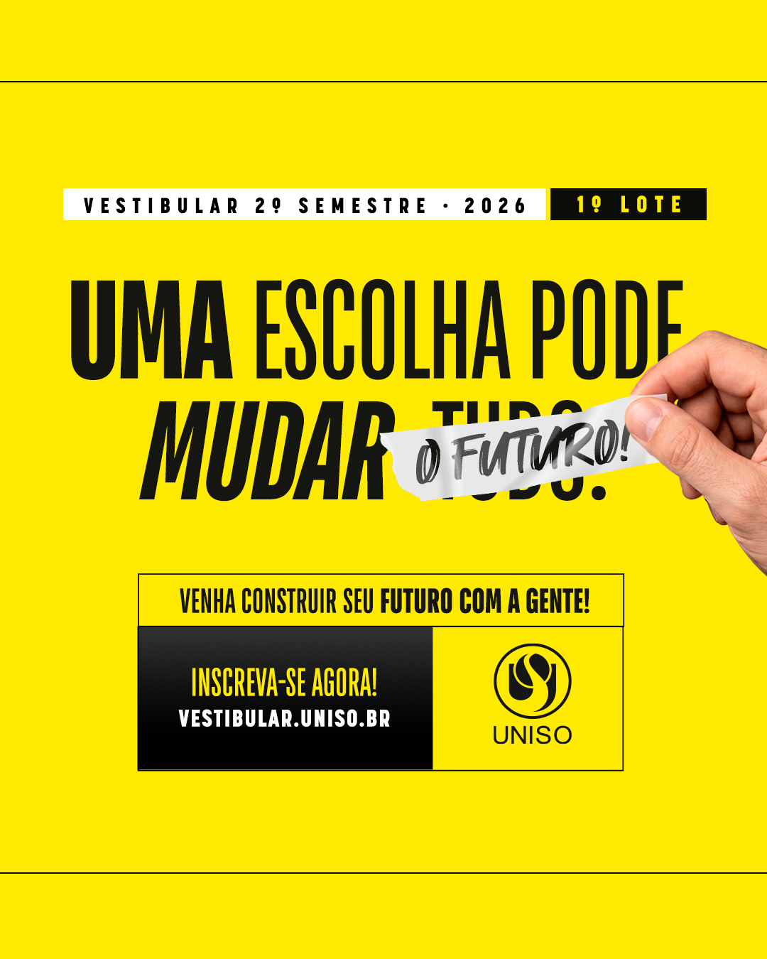 Toda escolha carrega transformação e, talvez, o próximo passo da sua trajetória comece exatamente agora: trocando dúvidas por planos, rotina por oportunidades e sonhos por realizações. ✨

As inscrições para o Vestibular 2º semestre da Uniso já estão abertas. 📢

Inscreva-se agora em vestibular.uniso.br 📲

A Uniso é nota 5 no MEC! Confira no link da bio o cadastro da Instituição no Sistema e-MEC.

#Uniso #Vestibular #Graduação #Universidade