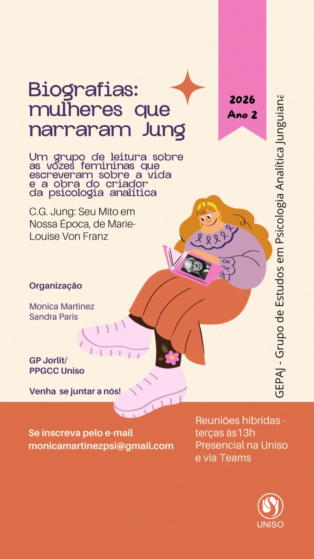 Participe do grupo de leitura “Mulheres que Narraram Jung”! 📚✨

A Profa. Dra. Mônica Martinez convida você para um espaço de troca, reflexão e aprofundamento nas narrativas da psicologia junguiana.

Agora em formato híbrido, o grupo conta com encontros presenciais na Uniso e também com a possibilidade de participação online, ampliando ainda mais o acesso a essa experiência.

Os encontros acontecem toda terça-feira, das 13h às 14h, no mini auditório da Biblioteca Aluísio de Almeida, na Cidade Universitária da Uniso. Dê o play e venha saber mais! 💙

A Uniso é nota 5 no MEC! Confira no link da bio o cadastro da Instituição no Sistema e-MEC.
#GrupoDeEstudos #PsicologiaJung #LeituraColetiva #Uniso #UniversidadeDeSorocaba #Nota5NoMEC