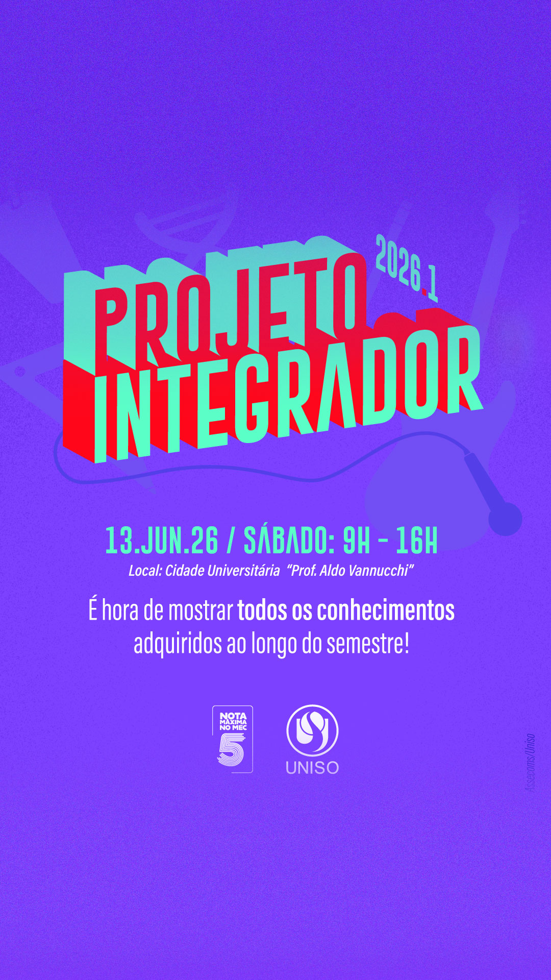 💡🎓 Conhecimento que ganha forma na prática.

No dia 13 de junho, a Uniso realiza mais uma edição do Projeto Integrador 2026.1, reunindo projetos desenvolvidos pelos estudantes ao longo do semestre e que mostram criatividade, inovação e soluções para desafios reais.

📅 13 de junho de 2026
⏰ Das 9h às 16h
📍 Cidade Universitária “Prof. Aldo Vannucchi”

Além das apresentações, o evento contará com feira de produtos e artesanato, opções de alimentação, atrações musicais e atividades para toda a família.

A participação é gratuita e aberta a toda a comunidade. Venha conhecer de perto o talento dos nossos estudantes! 💙

A Uniso é nota 5 no MEC! Confira no link da bio o cadastro da Instituição no Sistema e-MEC.

#ProjetoIntegrador #ProjetoIntegrador2026_1 #Uniso2026 #OrgulhoUniso #EducaçãoQueTransforma