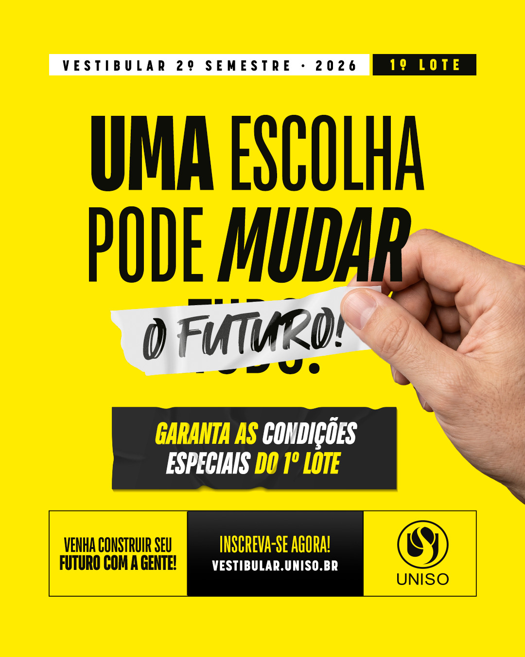 Atenção! O 1º lote do Vestibular 2026.2 da Uniso termina em 14 de julho, às 16h. ⚠️

Esse é o momento de garantir as melhores condições nas mensalidades e dar início à sua jornada acadêmica em uma universidade que transforma conhecimento em oportunidades. 📢

Não espere o prazo acabar e garanta os melhores benefícios! Inscreva-se agora em vestibular.uniso.br. 📲

A Uniso é nota 5 no MEC! Confira no link da bio o cadastro da Instituição no Sistema e-MEC.

#Uniso #Vestibular #Graduação #Universidade