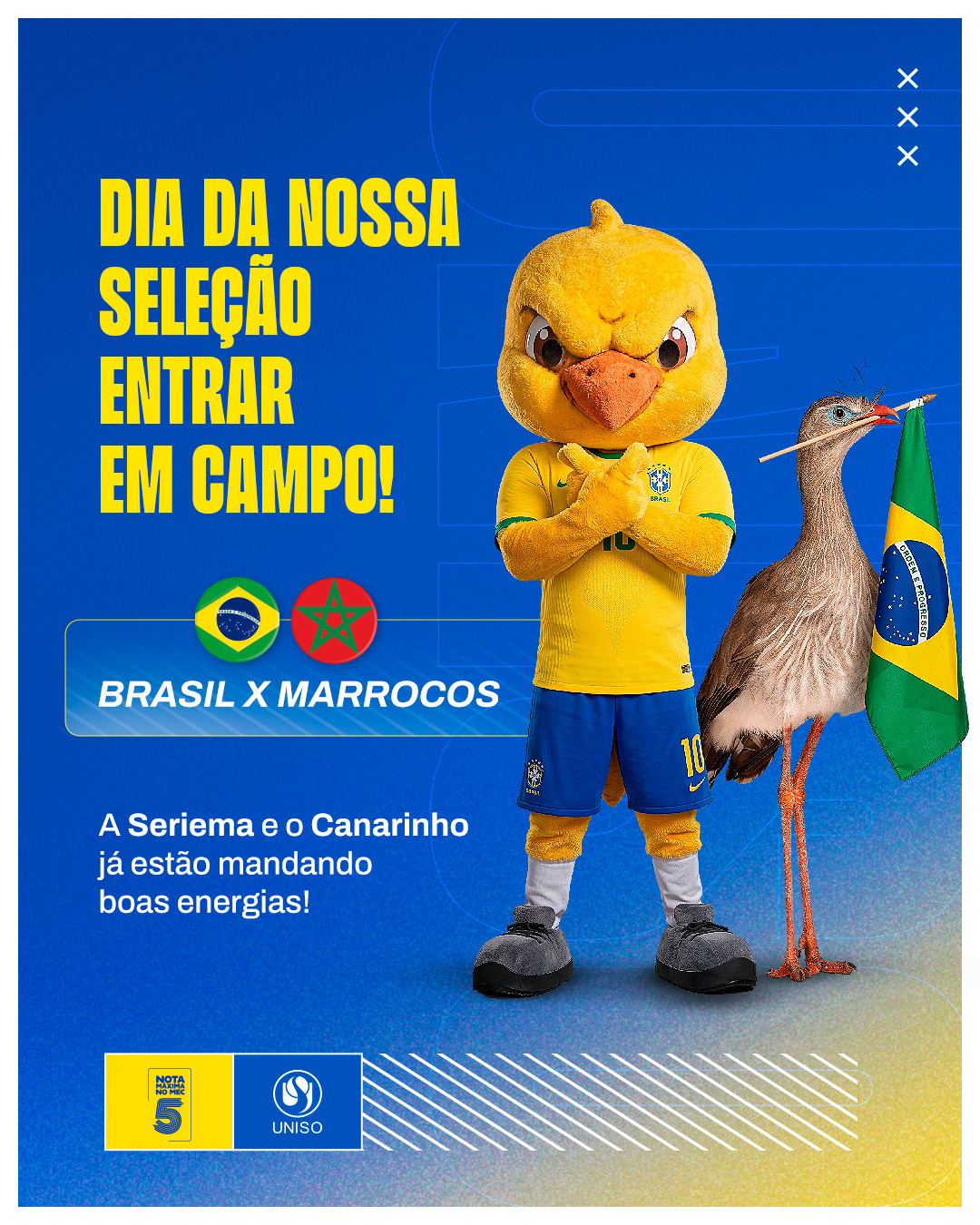 A Copa começou há dois dias, mas, pra gente, só tem início hoje, com a Seleção Brasileira em campo. 🇧🇷

Como estão as expectativas para a partida do Brasil contra o Marrocos? Compartilhe nos comentários, porque a gente sabe que, hoje, todo mundo vira comentarista esportivo por algumas horas. 🗣️

Até a Seriema e o Canarinho já estão fazendo bolão em família. 😂

Boa estreia para a nossa Seleção! Lembrando que o jogo é hoje, dia 13 de junho, às 19h. 📌

E seguimos daqui, torcendo e sonhando como ninguém mais! 🤞

A Uniso é nota 5 no MEC! Confira no link da bio o cadastro da Instituição no Sistema e-MEC.

#Uniso #CopaDoMundo #Brasil #Torcida
