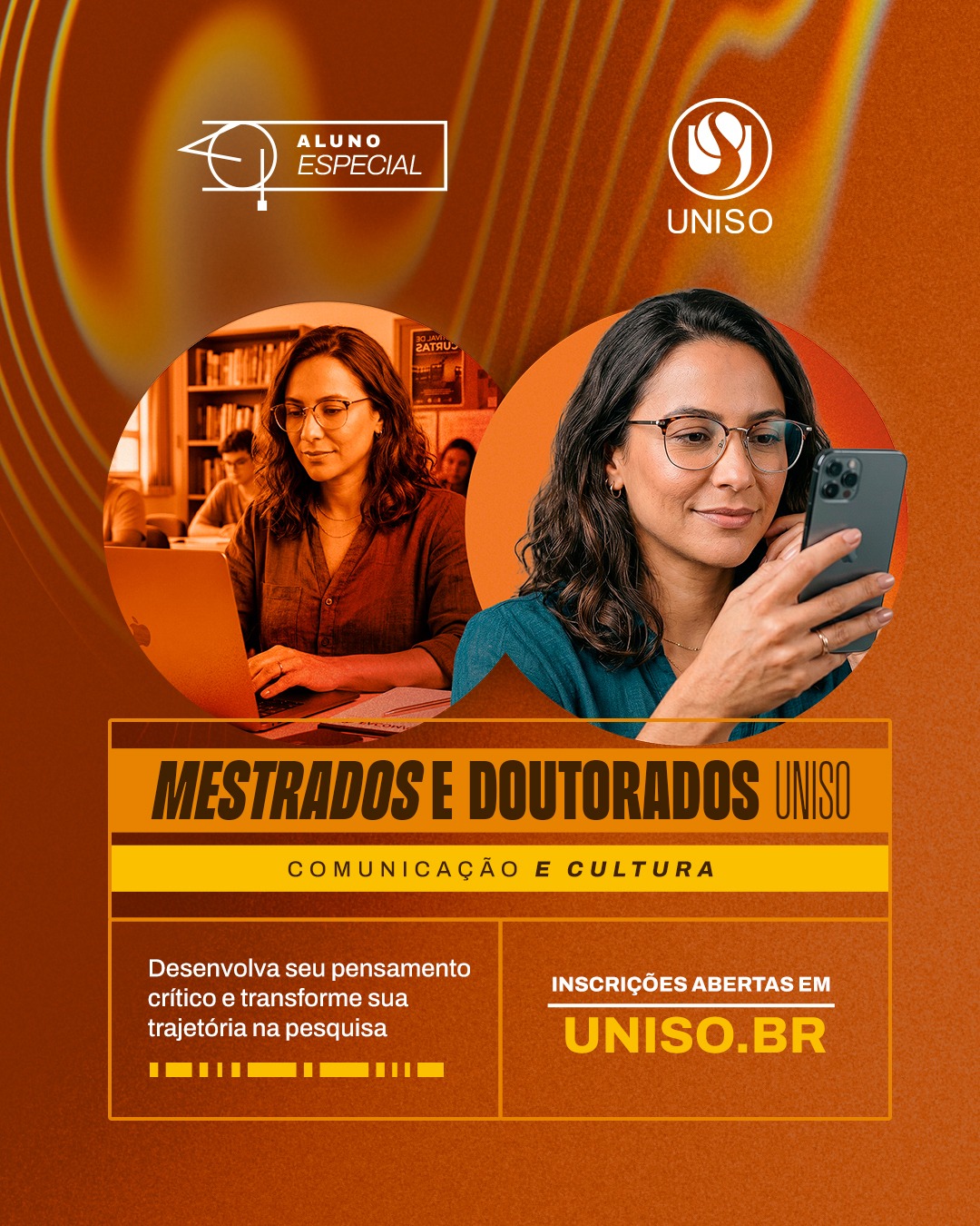 Compreender as transformações da sociedade, das mídias e das formas de comunicação é um dos principais desafios para pesquisadores e profissionais de diferentes áreas.

O Programa de Pós-Graduação em Comunicação e Cultura da Uniso oferece a oportunidade de aprofundar conhecimentos, desenvolver o pensamento crítico e contribuir para a produção de pesquisas sobre temas contemporâneos que impactam nosso modo de viver, trabalhar e nos relacionar.

Como aluno especial, você pode cursar disciplinas isoladas de mestrado ou doutorado e vivenciar a experiência da pós-graduação stricto sensu.

Inscrições abertas em uniso.br.

A Uniso é nota 5 no MEC! Confira no link da bio o cadastro da Instituição no Sistema e-MEC.

#Uniso #ComunicacaoECultura #PosGraduacao #Mestrado #Doutorado #AlunoEspecial