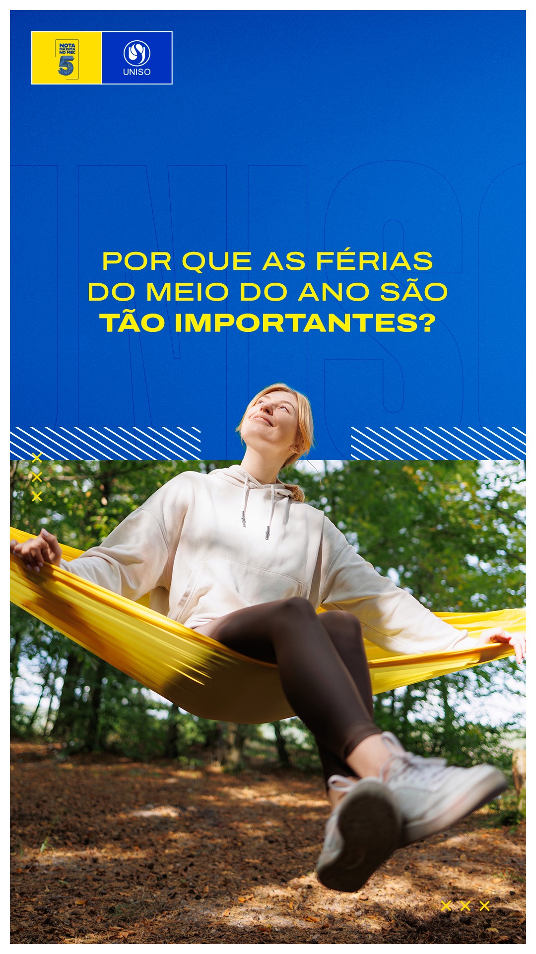 Faltam poucos dias para o início das férias do meio do ano, e elas são um momento importante para descansar a mente, recuperar a energia e desacelerar depois de um semestre intenso. 👍

Descansar não é parar de evoluir. Pelo contrário! Muitas vezes, é justamente isso que ajuda a voltar com mais foco. ✅

A Uniso é nota 5 no MEC! Confira no link da bio o cadastro da Instituição no Sistema e-MEC.

#Uniso #Férias #VidaUniversitária #SaúdeMental #RotinaAcadêmica