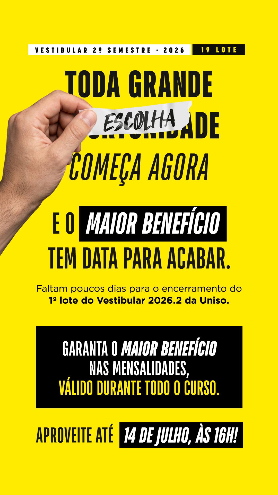 ⏰ Reta final para as inscrições do 1º lote do Vestibular do segundo semestre de 2026!

Se você ainda não fez sua inscrição, esta é a oportunidade de garantir o maior benefício na mensalidade durante todo o curso. As inscrições do 1º lote se encerram na próxima terça-feira, 14 de julho, às 16h. Não deixe para a última hora! 🚀

E se você já foi aprovado, atenção: para garantir os benefícios do 1º lote, a matrícula deve ser realizada até o dia 15 de julho. 📅

Acesse vestibular.uniso.br ou o link da bio, faça sua inscrição e venha construir o seu futuro na Uniso. 💙

#VestibularUniso #VemPraUniso #EnsinoSuperior #UniversidadeDeSorocaba #Uniso #Nota5NoMEC