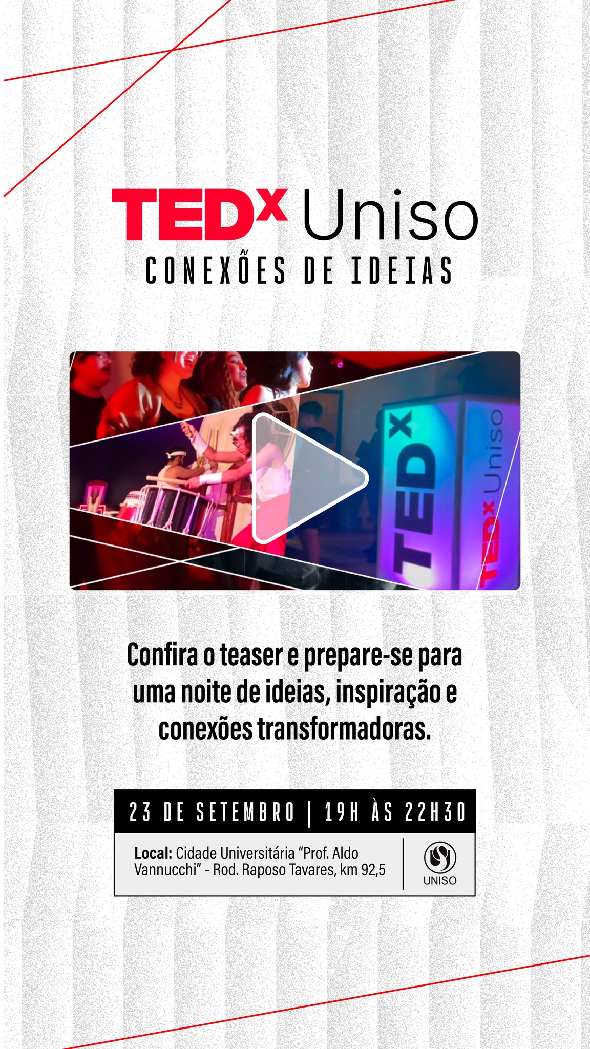 ✨ Algumas ideias mudam a forma como enxergamos o mundo. Outras mudam a forma como nos conectamos com ele.

O TEDxUniso está de volta com o tema "Conexões de Ideias", uma experiência que reúne pessoas, histórias e perspectivas capazes de inspirar novas formas de pensar, criar e transformar.

E este é o momento ideal para garantir sua participação. Os palestrantes começam a ser revelados a partir do dia 3 de agosto, mas você já pode garantir seu lugar antes da divulgação do line-up.

Nos vemos no dia 23 de setembro, às 19h, para mais uma noite de ideias que conectam.

🎟️ Inscreva-se pelo site uniso.br ou pelo link na bio.

A Uniso é nota 5 no MEC! Confira no link da bio o cadastro da Instituição no Sistema e-MEC.
#TEDxUNISO #TEDxUNISO2026 #ConexõesDeIdeias #IdeiasQueConectam #Uniso