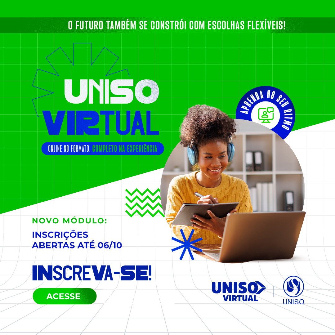 Uma nova oportunidade está surgindo para começar sua graduação! 📢

As inscrições para o novo módulo da Uniso Virtual acontecem até 6 de outubro. Se você busca mais flexibilidade para estudar sem abrir mão de uma formação de qualidade, o ensino a distância pode ser a escolha ideal. 👨💻

Na Uniso Virtual, você encontra cursos em áreas estratégicas, como:
✅ Administração
✅ Análise e Desenvolvimento de Sistemas
✅ Ciência de Dados e Inteligência Artificial
✅ Gestão Comercial
✅ Marketing
✅ Logística
✅ e muitas outras.

Com uma metodologia que une tecnologia e a qualidade de ensino da Uniso, você pode conciliar estudos, trabalho e rotina, avançando no seu desenvolvimento profissional no seu ritmo. 😉

As inscrições para o novo módulo já  começaram e seguem até 6 de outubro. Acesse unisovirtual.uniso.br e dê o próximo passo na sua trajetória. 📲

A Uniso é nota 5 no MEC! Confira no link da bio o cadastro da Instituição no Sistema e-MEC.

#Uniso #UnisoVirtual #EAD #Vestibular