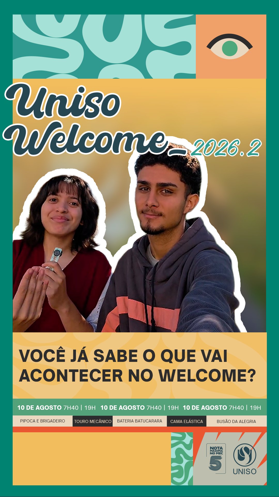 👀 Afinal, o que vem por aí no Uniso Welcome 2026.2?

A Fernanda e o Felipe foram atrás da nossa equipe para descobrir quais são as novidades preparadas para receber os novos alunos no dia 10 de agosto. 🎓💙

Tem novidade, tem recepção e, claro, muita coisa para descobrir! Dê o play e confira o que vem por aí.

Nos vemos no Uniso Welcome! ✨

📅 10 de agosto
🕐 7h40 e 19h

A Uniso é nota 5 no MEC! Confira no link da bio o cadastro da Instituição no Sistema e-MEC.

#UnisoWelcome #Uniso #VemPraUniso #VidaUniversitária #UniversidadeDeSorocaba #Nota5NoMEC