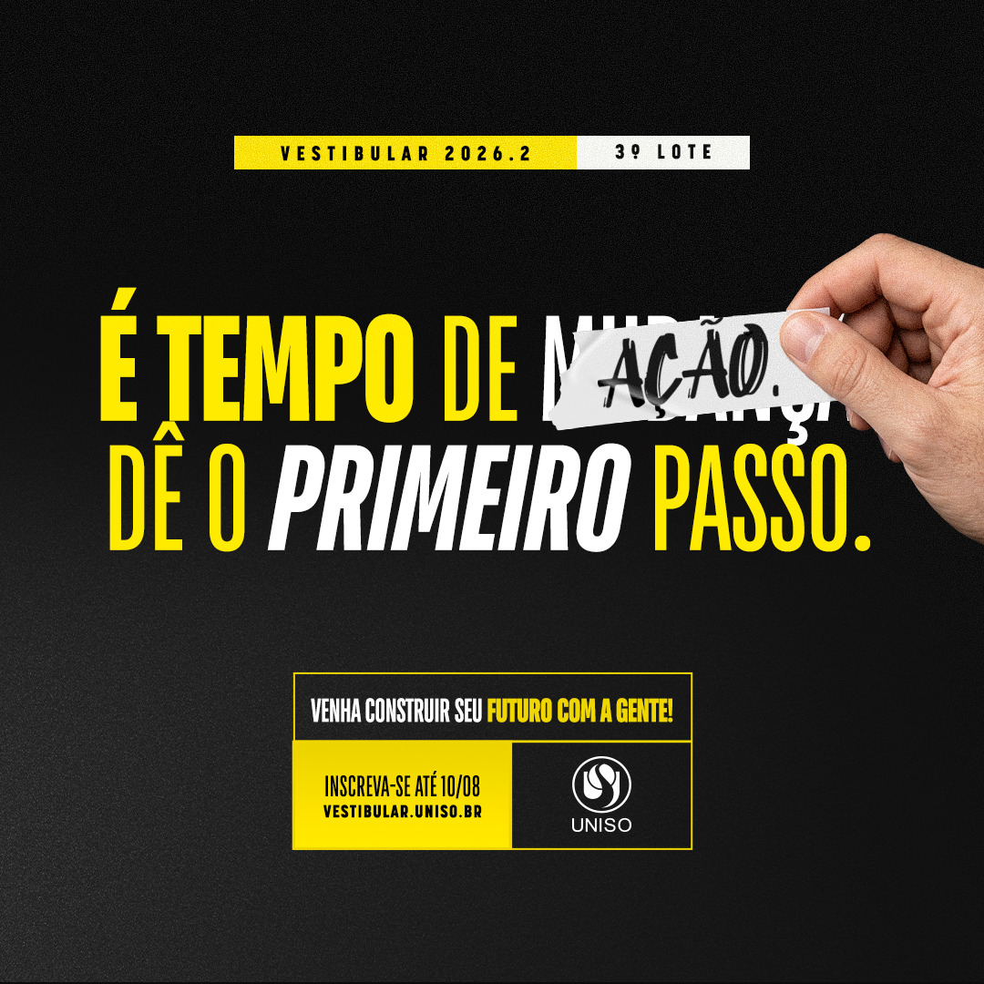 Cada etapa é uma nova chance de escolher o futuro que você quer viver! 

O 3º lote do Vestibular Uniso 2026.2 já começou! E se a graduação faz parte dos seus planos, este é o momento de tirar esse objetivo do papel. 📢

As inscrições vão até 04 de setembro, às 16h. Venha construir seu futuro com a gente!

Acesse: vestibular.uniso.br. 📲

A Uniso é nota 5 no MEC! Confira no link da bio o cadastro da Instituição no Sistema e-MEC.

#Uniso #Vestibular #Graduação #Universidade