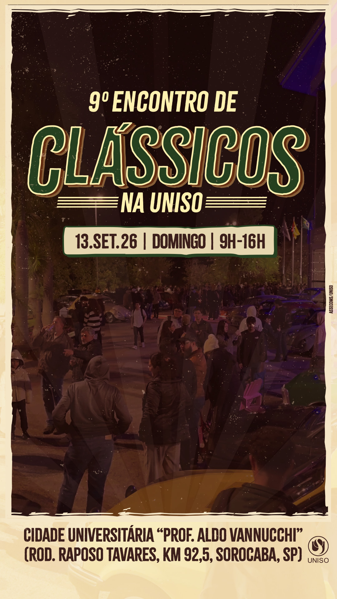 🚗🏍️ O convite já foi feito!

Durante o Esquenta do 9º Encontro de Clássicos na Uniso, que aconteceu no último dia 11 de agosto, nossos organizadores deram o recado: vem aí mais uma edição desse encontro que reúne apaixonados por carros e motos antigas! ❤️

No dia 13 de setembro, das 9h às 16h, a Cidade Universitária Prof. Aldo Vannucchi recebe colecionadores, apaixonados por veículos clássicos e toda a comunidade para um domingo de lazer e diversão.

Além dos clássicos, teremos música, brinquedos gratuitos, food trucks e outras atrações para toda a família.

A entrada é gratuita para todos. Se puder, contribua com 1 kg de alimento não perecível no dia do evento. 🤝

📅 13/09, das 9h às 16h
📍 Cidade Universitária Prof. Aldo Vannucchi
🚗 Esperamos você!

A Uniso é nota 5 no MEC! Confira no link da bio o cadastro da Instituição no Sistema e-MEC.

#EncontroDeClássicos #ClássicosNaUniso #CarrosAntigos #MotosAntigas #Uniso