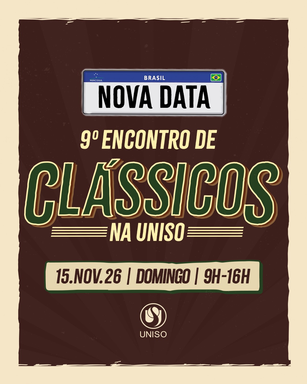 💙 Sabemos o quanto o 9º Encontro de Clássicos na Uniso é aguardado por todos. Por isso, pensando na segurança e no bem-estar dos participantes, o evento foi adiado devido à possibilidade de fortes chuvas e granizo.

Mas pode ficar tranquilo: já temos uma nova data! 🚗🏍️

📅 15 de novembro, das 9h às 16h

Agradecemos a compreensão e o carinho de todos. Nos vemos em novembro para, mais uma vez, fazer história juntos! ❤️

#EncontroDeClássicos #ClássicosNaUniso #CarrosAntigos #MotosAntigas #Sorocaba