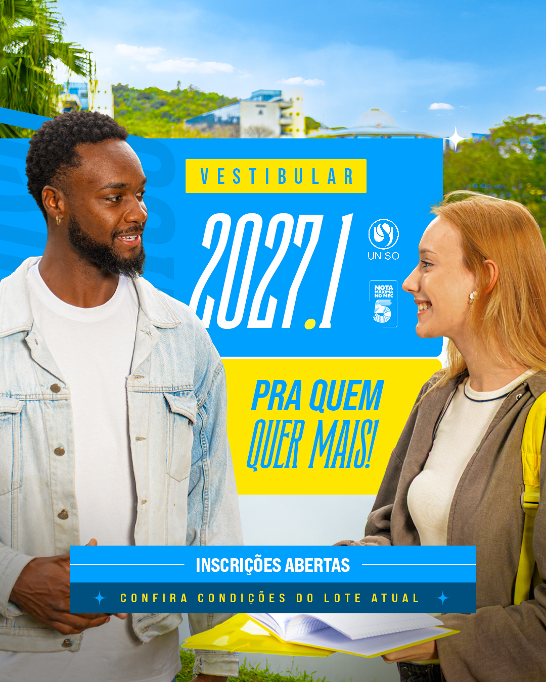 Pra quem não quer ser só mais um, o primeiro passo para ser mais começa agora! ⚠️

As inscrições para o Vestibular Uniso 2027.1 já estão abertas. É a oportunidade de escolher o curso que combina com os seus planos e começar a construir uma nova fase da sua história. 😉

Quanto mais cedo você se matricular, maior o desconto na mensalidade! 📢

Acesse vestibular.uniso.br, inscreva-se e venha ser mais com a Uniso! 📲

A Uniso é nota 5 no MEC! Confira no link da bio o cadastro da Instituição no Sistema e-MEC.

#Uniso #VestibularUniso #Vestibular2027 #Graduação #Universidade