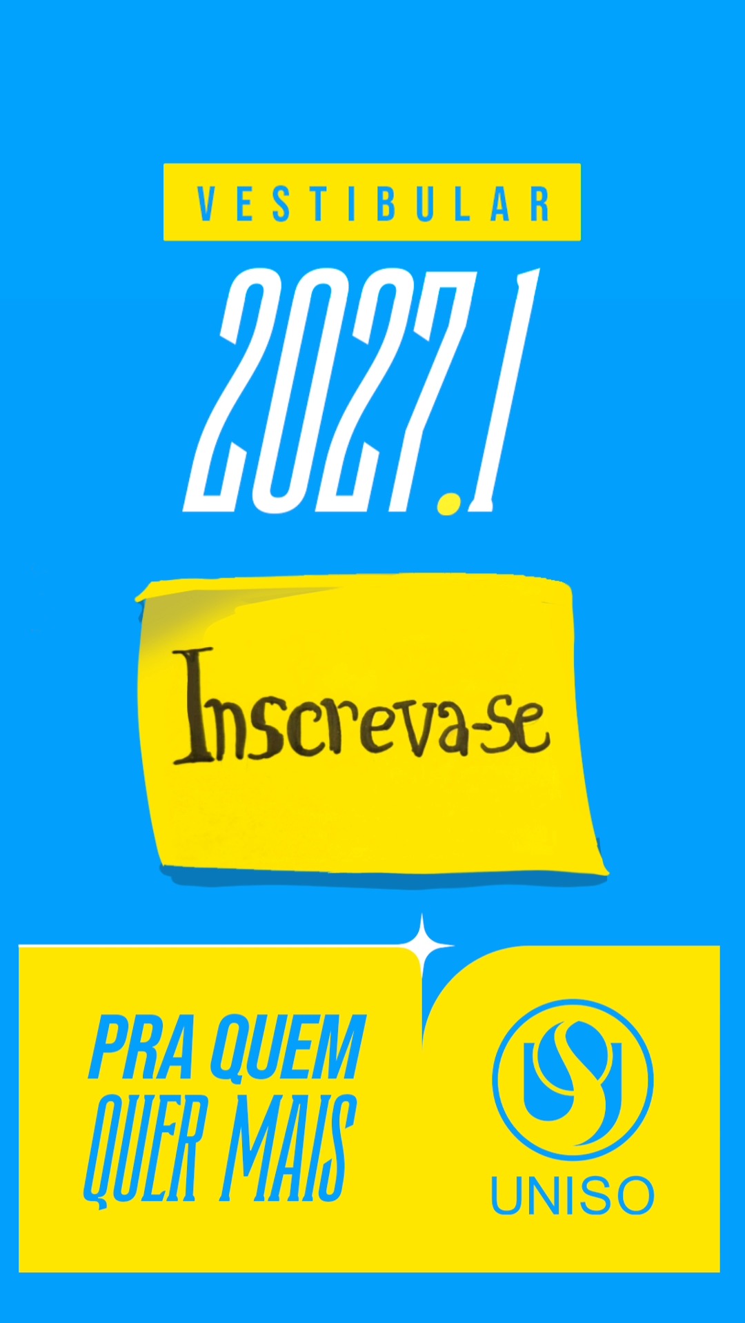 Pra quem quer viver novas experiências, conhecer pessoas, descobrir possibilidades e construir o próprio caminho, o primeiro passo começa aqui. 🎓✨

As inscrições para o Vestibular Uniso 2027.1 estão abertas! E este vídeo é um pouco disso: pessoas, espaços, encontros e tudo o que faz parte da experiência de viver a Universidade.

Escolha o curso que combina com os seus planos e comece a construir a próxima fase da sua história. 💙

Quanto mais cedo você se matricular, maior o desconto na mensalidade! 📢

Inscreva-se pelo link na bio ou acesse vestibular.uniso.br. Venha viver a Uniso! 📲

A Uniso é nota 5 no MEC! Confira no link da bio o cadastro da Instituição no Sistema e-MEC.

#VestibularUniso #Vestibular2027 #Graduação #Universidade #UniversidadeDeSorocaba
