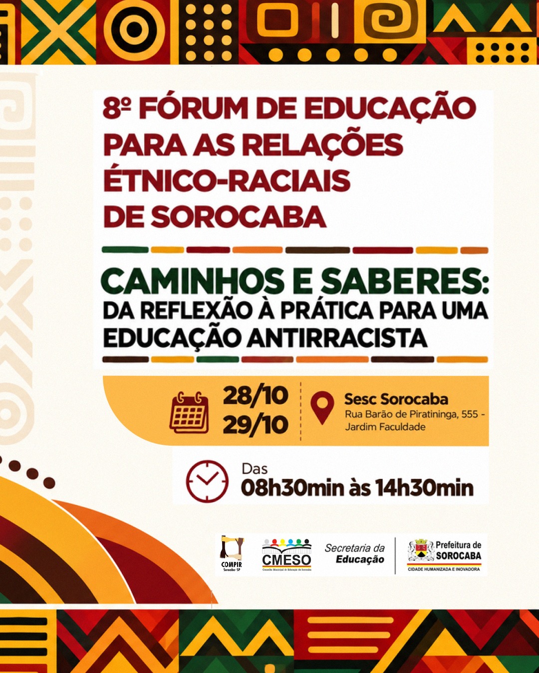 ✊🏿📚 Educação, diversidade e relações étnico-raciais em pauta!

Nos dias 28 e 29 de outubro, acontece o 8º Fórum de Educação para as Relações Étnico-Raciais (ERER) de Sorocaba, um espaço de diálogo e reflexão sobre a valorização da diversidade étnico-racial no ambiente escolar.

A Uniso estará representada pela professora Marilda Aparecida Correa, do Núcleo de Cultura Afro-Brasileira (Nucab), contribuindo para as discussões sobre educação e relações étnico-raciais. 💙

📅 Data: 28 e 29 de outubro
🕣 Horário: das 8h30 às 14h30
📍 Local: Sesc Sorocaba

#Educação #RelaçõesÉtnicoRaciais #CulturaAfroBrasileira #Nucab #UniversidadeDeSorocaba