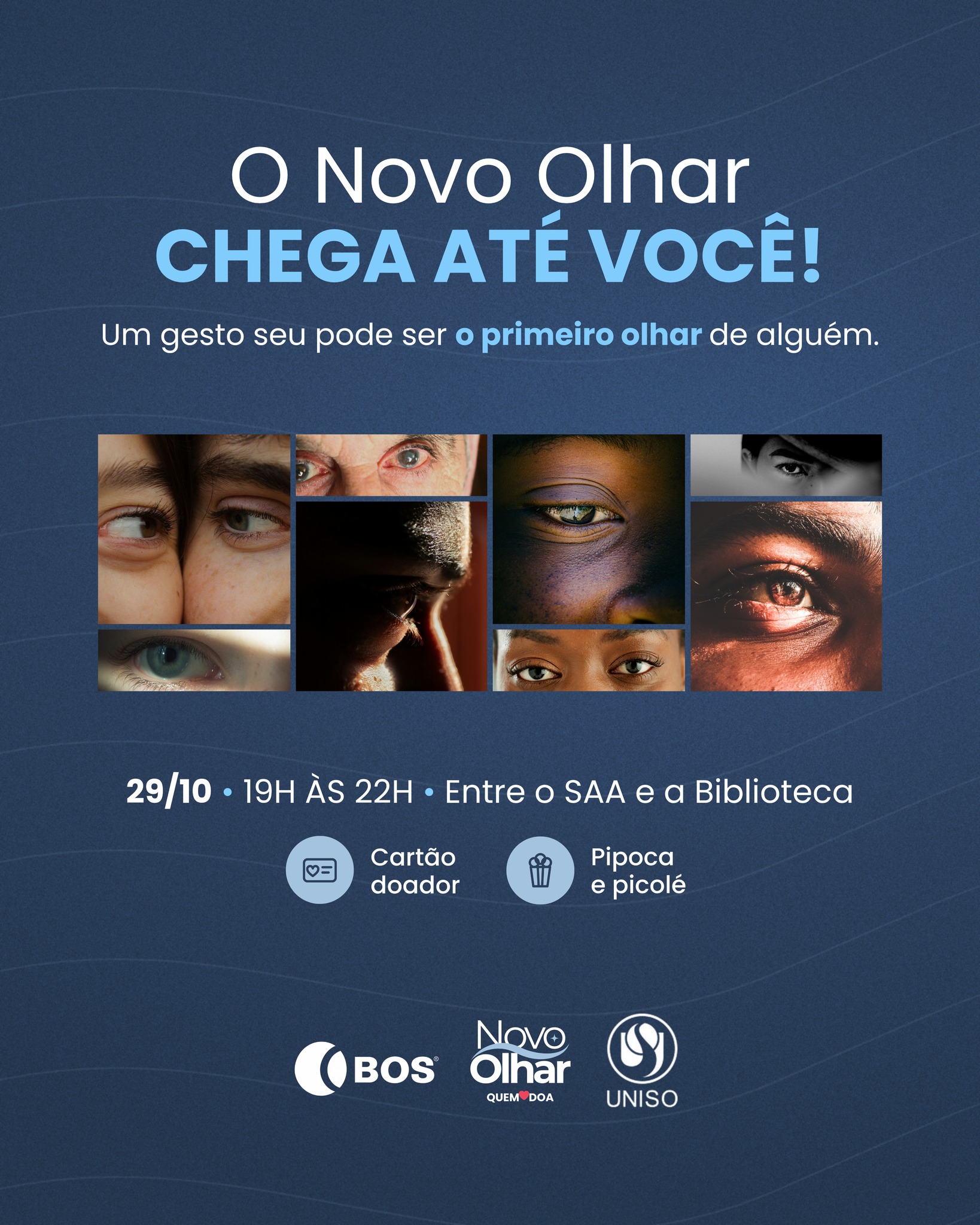 👁️💙 Um novo olhar pode começar com uma conversa!

Amanhã, a Uniso recebe a campanha Novo Olhar, uma iniciativa do Studio Tría, agência experimental formada por estudantes de Relações Públicas, em parceria com o Banco de Olhos de Sorocaba (BOS).

A ativação vai promover uma reflexão sobre a importância da doação de córneas, com atividades interativas, esclarecimento de dúvidas e a realização simbólica do cartão de doador. Afinal, conversar com a família sobre o desejo de ser doador é fundamental para que essa vontade seja respeitada.

📅 Data: 29 de outubro (amanhã)
⏰ Horário: das 18h às 22h
📍 Local: entre o Prédio Administrativo e a Biblioteca, na Cidade Universitária Prof. Aldo Vannucchi.

💙 Passe por lá, participe da ação e ajude a ampliar essa conversa. Compartilhar essa ideia também pode transformar vidas!

#NovoOlhar #DoaçãoDeCórneas #RelaçõesPúblicas #Solidariedade #UniversidadeDeSorocaba